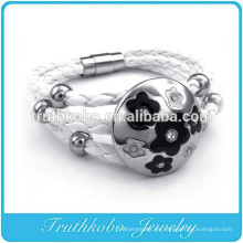 Pulsera de cuero trenzado de cuerda trenzada de acero inoxidable blanco trenzado pulsera de cuero hecho a mano puro